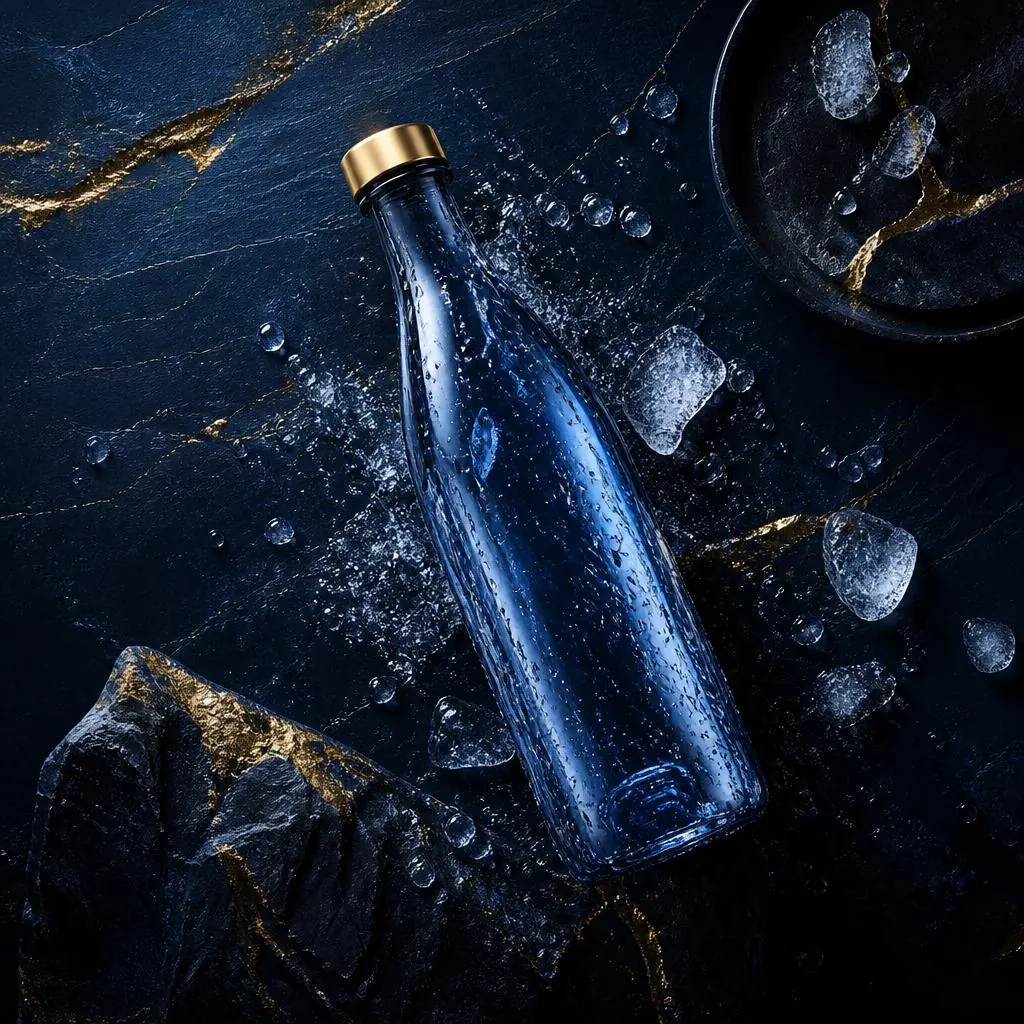 Botol air premium di atas batu gelap dengan bongkahan es